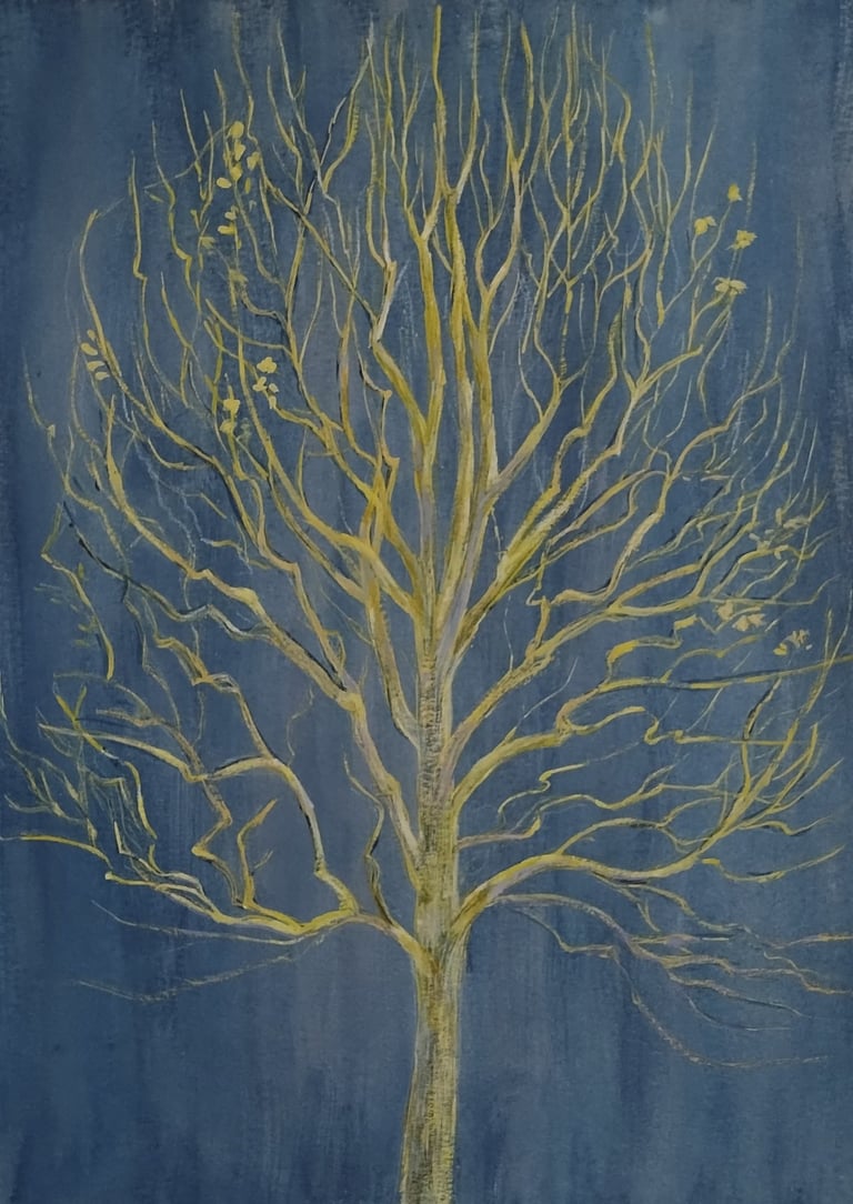 A watercolor featuring a blue-green background and a gold-green toned tree 