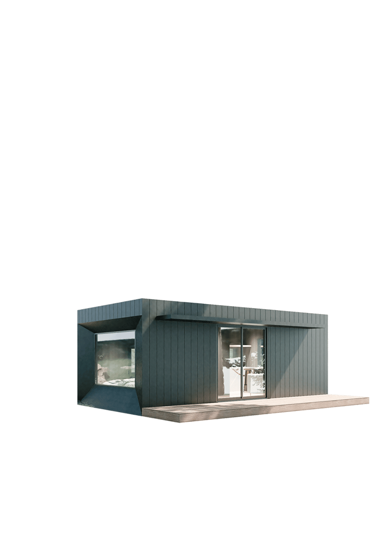 a small house with a large window and a small window