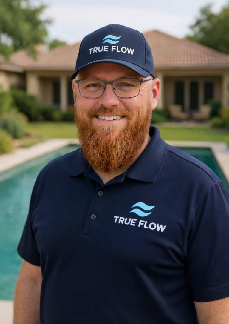 Geoff from True Flow Pool Solutions standing by a backyard pool in Round Rock, Texas.