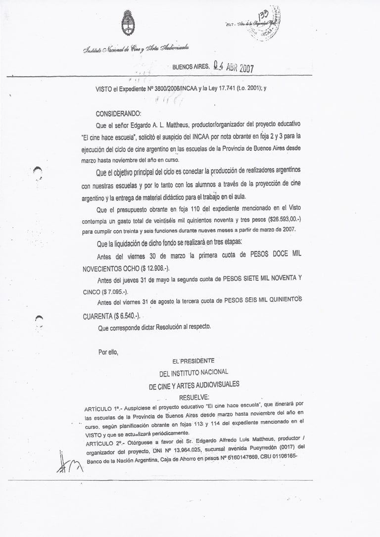 Auspicio Instituto Nacional de Cine y Artes Audiovisuales