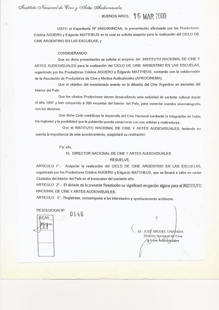 Auspicio Instituto Nacional de Cine y Artes Audiovisuales