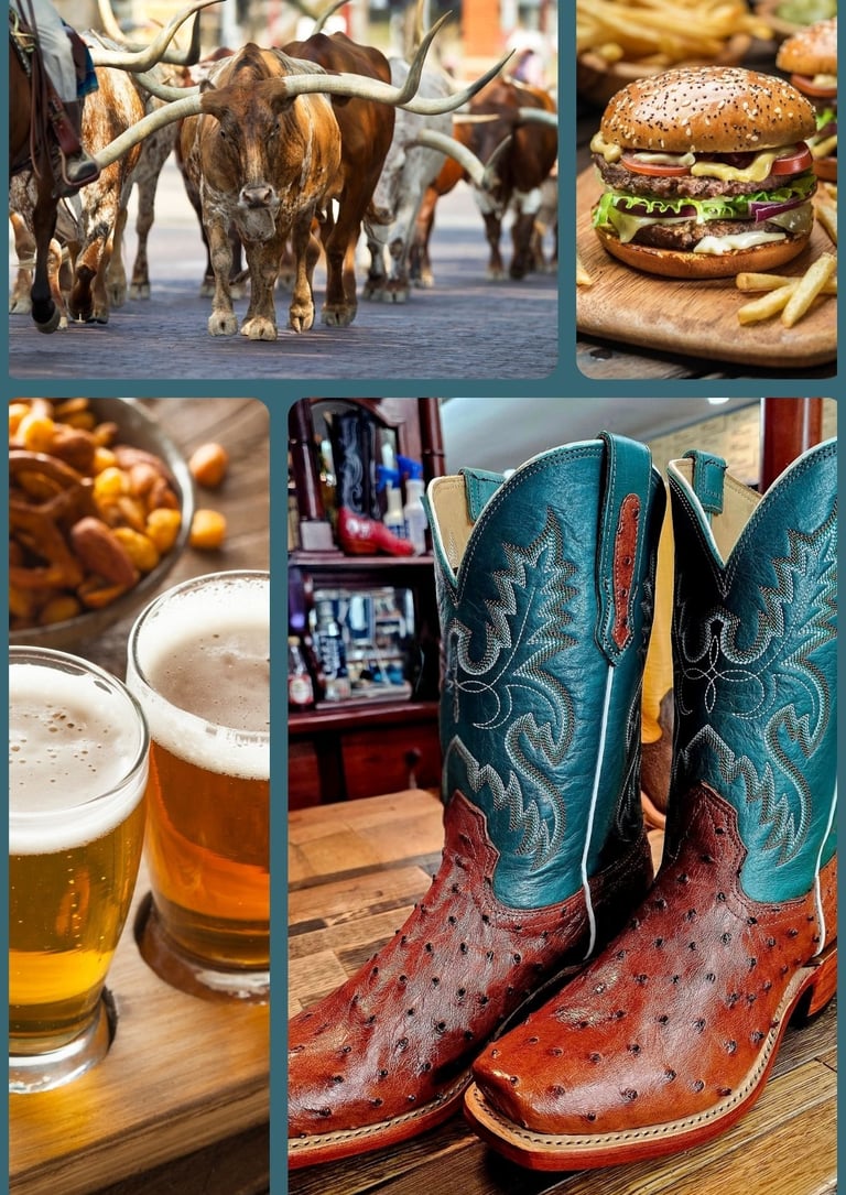 collage with longhorns, boots, beers, and burgers