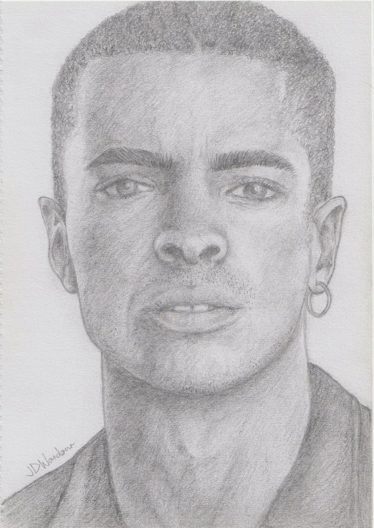 A pencil portrait of Layton Williams.
