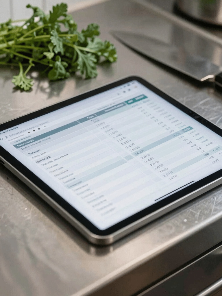 Close-up of a digital tablet showing financial analytics and food cost spreadsheets, resting on a clean stainless steel kitchen counter next to fresh herbs and a chef knife, natural daylight.