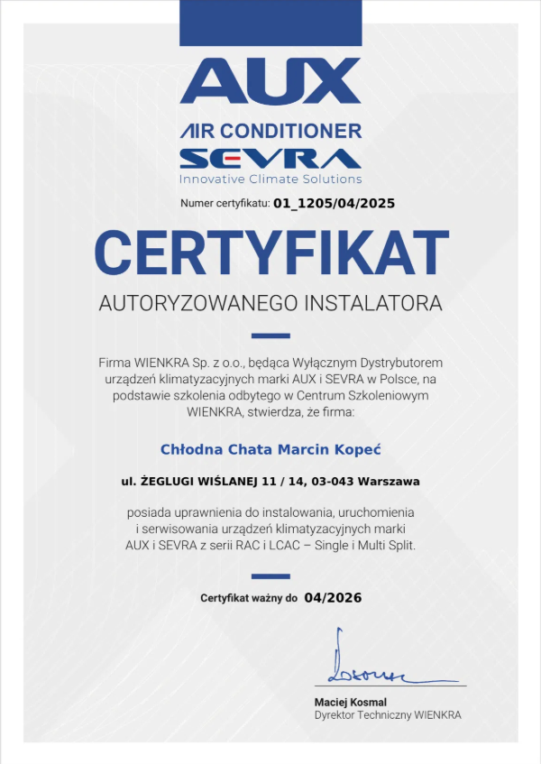 Certyfikat upoważniający do montażu i serwisowania urządzeń klimatyzacyjnych firmy AUX