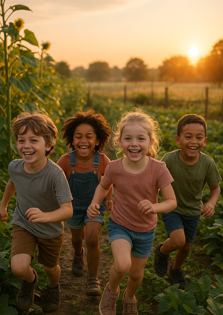 Des enfants s'amusent dans la nature au levé du soleil - Journée mondiale de la vie