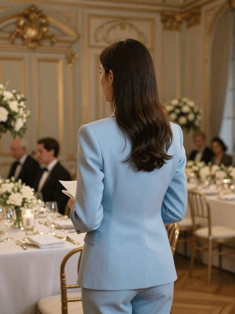 Photography of a professional event coordinator in a chic, light blue tailored suit, overlooking a beautifully arranged gala dinner hall in a historic Parisian mansion. The lighting is warm and welcoming. European / French style.