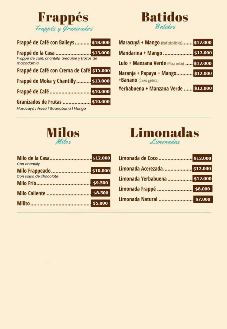 Frappeés y Batidos Menu Café y Macadamia Armenia Quindío