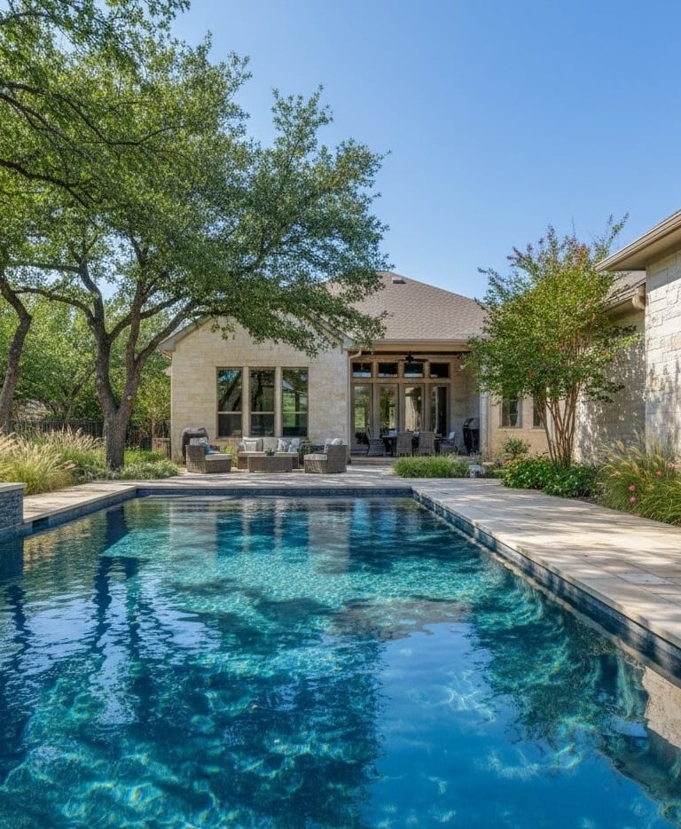 Crystal clear backyard pool in Georgetown, Texas after pool troubleshooting and equipment diagnostics