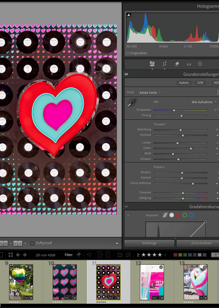 Lightroom-Oberfläche mit Farbverlauf und Histogramm – Beispiel aus dem Grundlagenkurs LrC