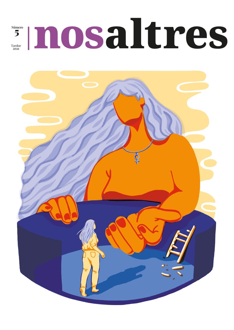 magazine cover of a big woman about to take a small woman out of a cage with a broken ladder