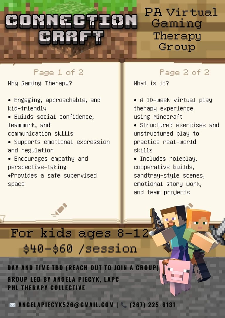 Flyer for Connection Craft, a 10-week virtual Minecraft therapy group for kids in PA