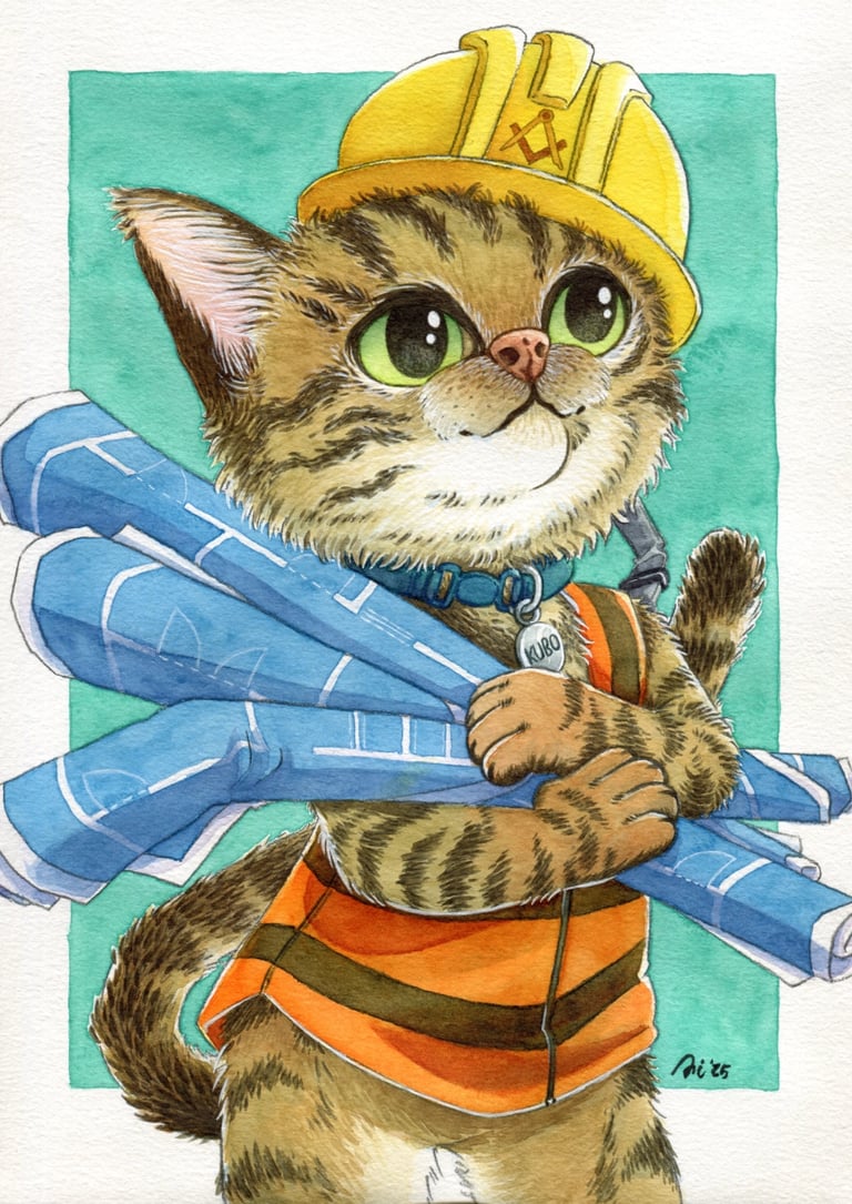gato jugador de beisbol en acuarela tonos azul naranja amarillo
