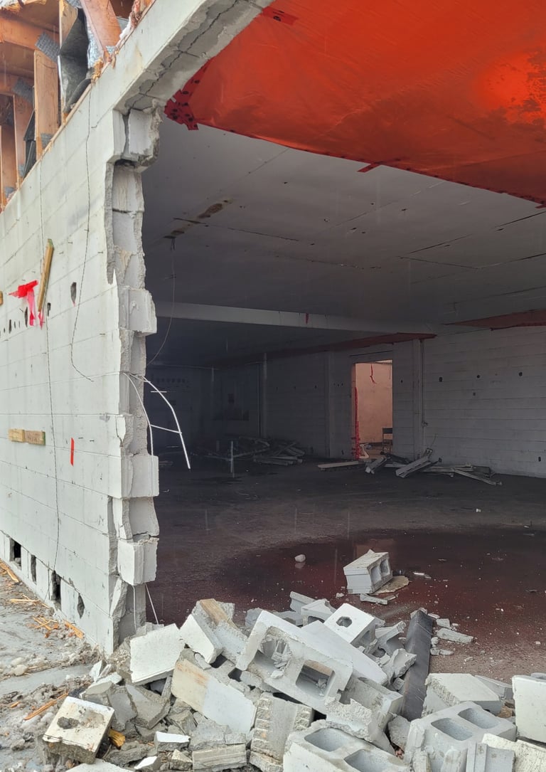 Warehouse cement brick wall damage