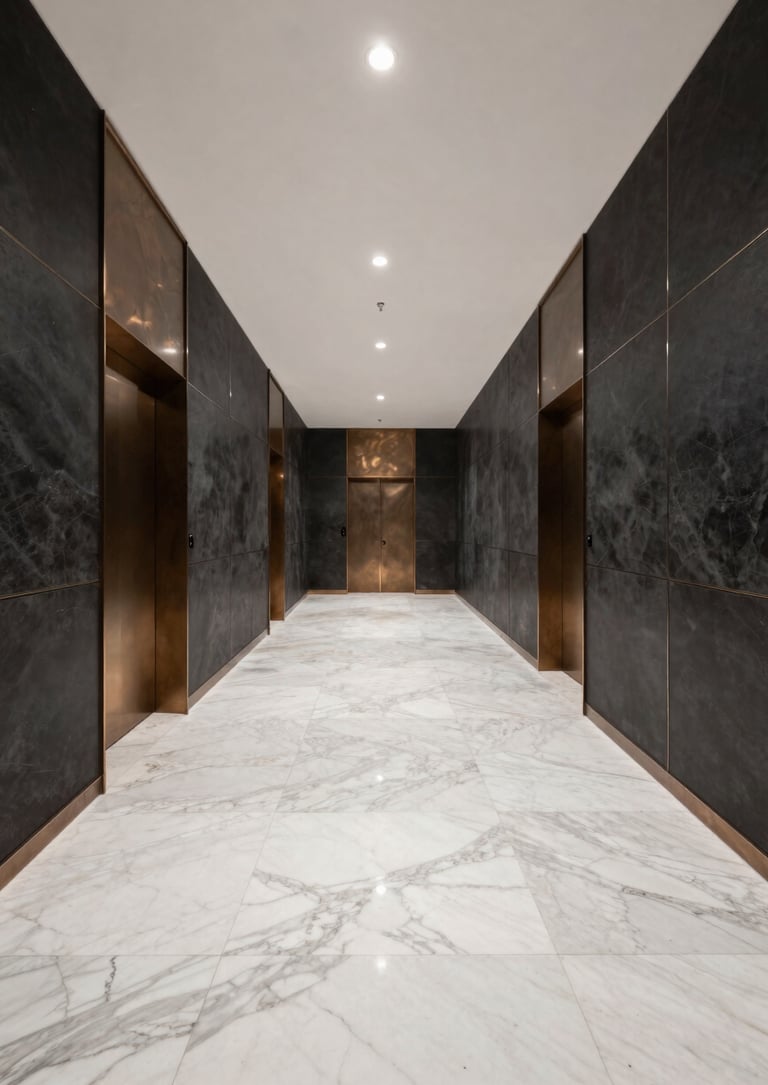 A wide-angle photography shot of a sleek, contemporary agency office in the Middle Eastern region, with white marble floors, dark charcoal walls, and bronze decorative elements.