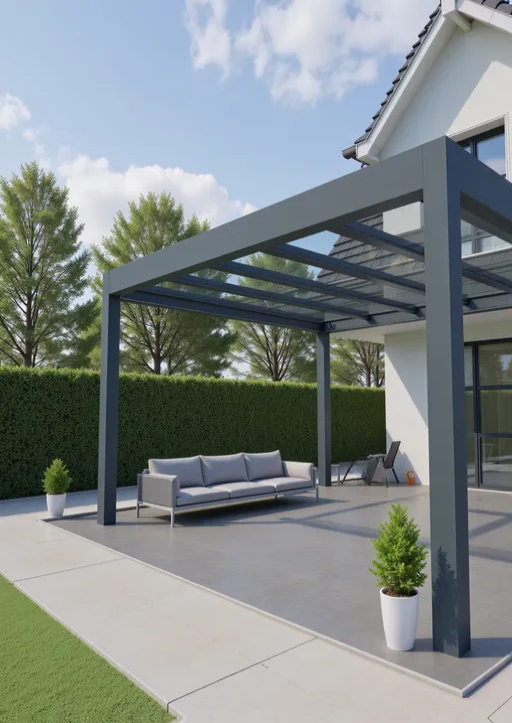 Modern aluminum pergola with a glass roof over a patio with a grey outdoor sofa.