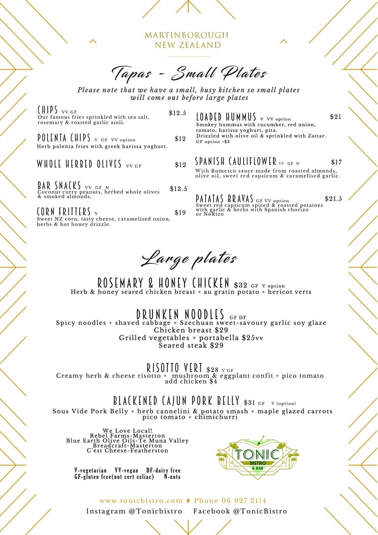 Martinborough Lunch and DInner Menu at Tonic Bar and Bistro