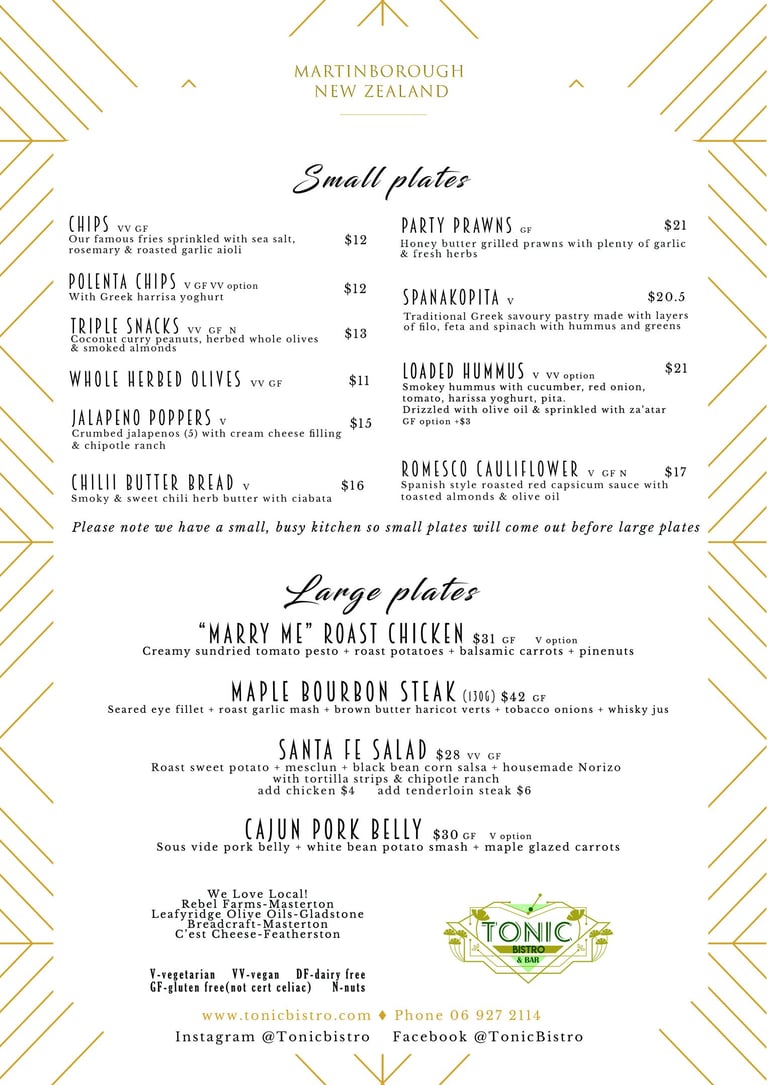 Dinner menu for Tonic Bistro in Martinborough, New Zealand, featuring small and large plates with prices.