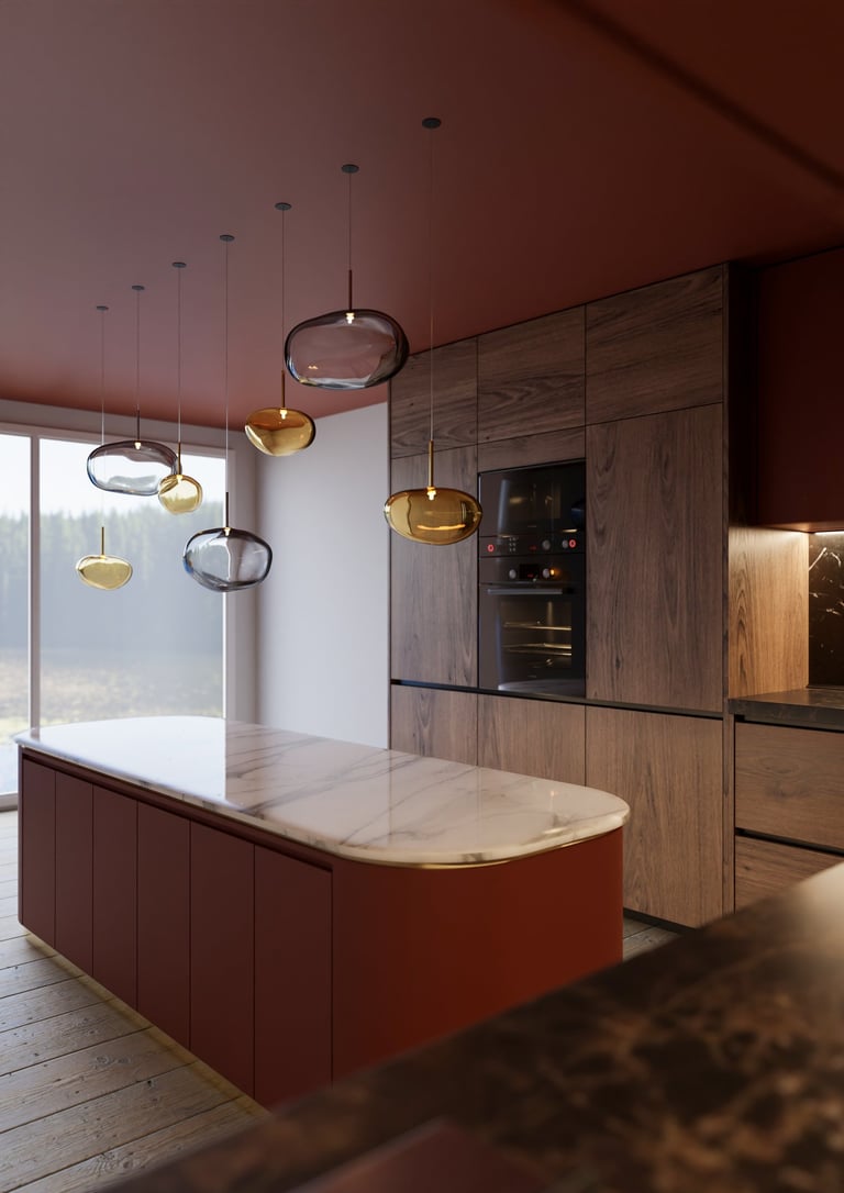 Rendu 3D d’une cuisine moderne avec îlot central en marbre, meubles en bois et suspensions design en verre coloré.