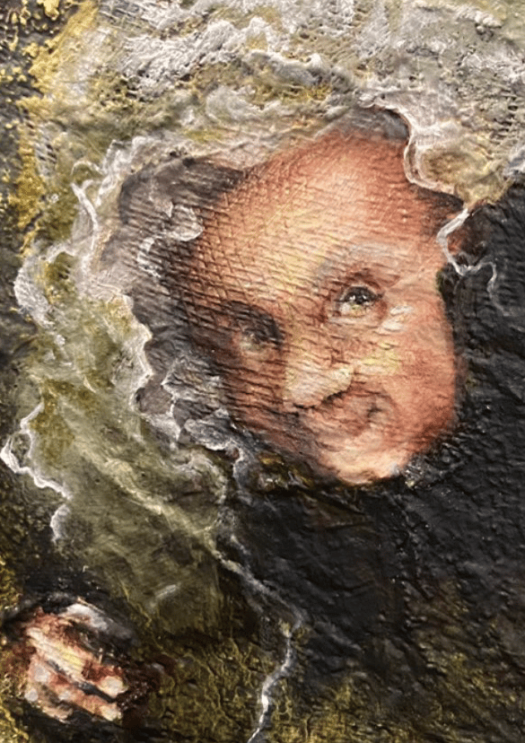 Oil paint on textured canvas.. Dark and green / yellow tones.  Endearing old woman with white hair.