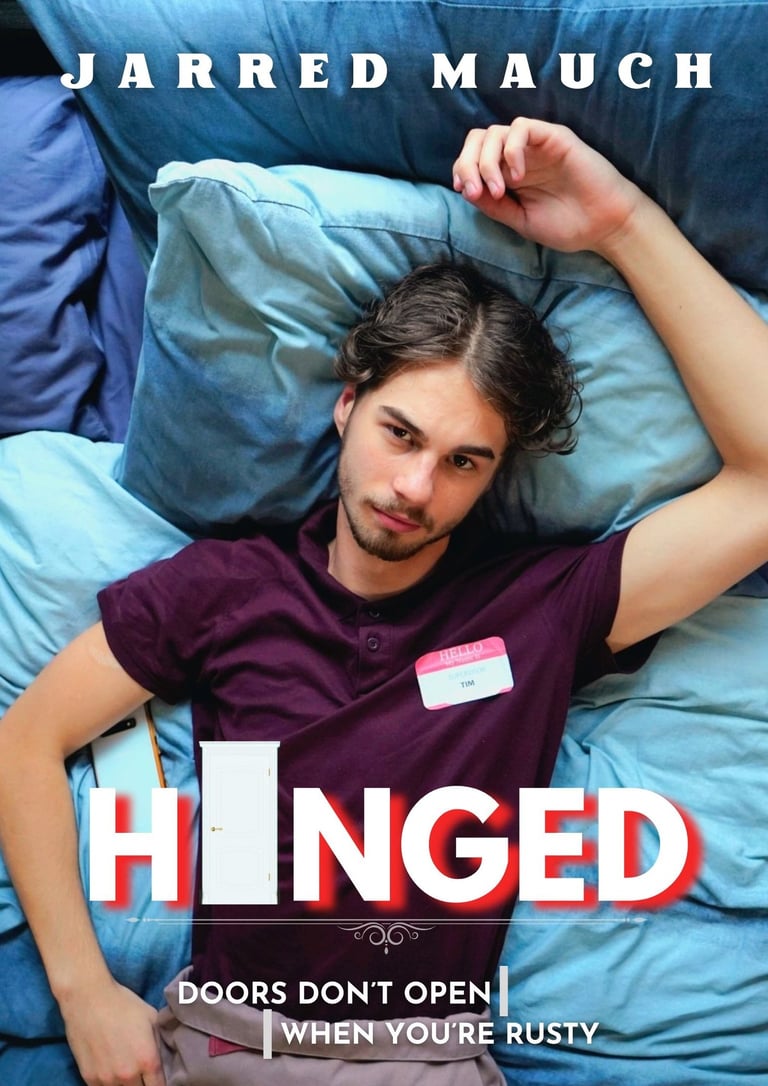 a man laying on a bed with a name tag on his chest, movie poster