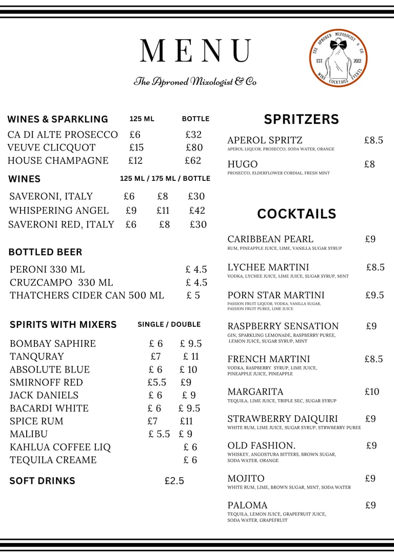 Cash bar menu for events where guests pay for own drinks at the counter