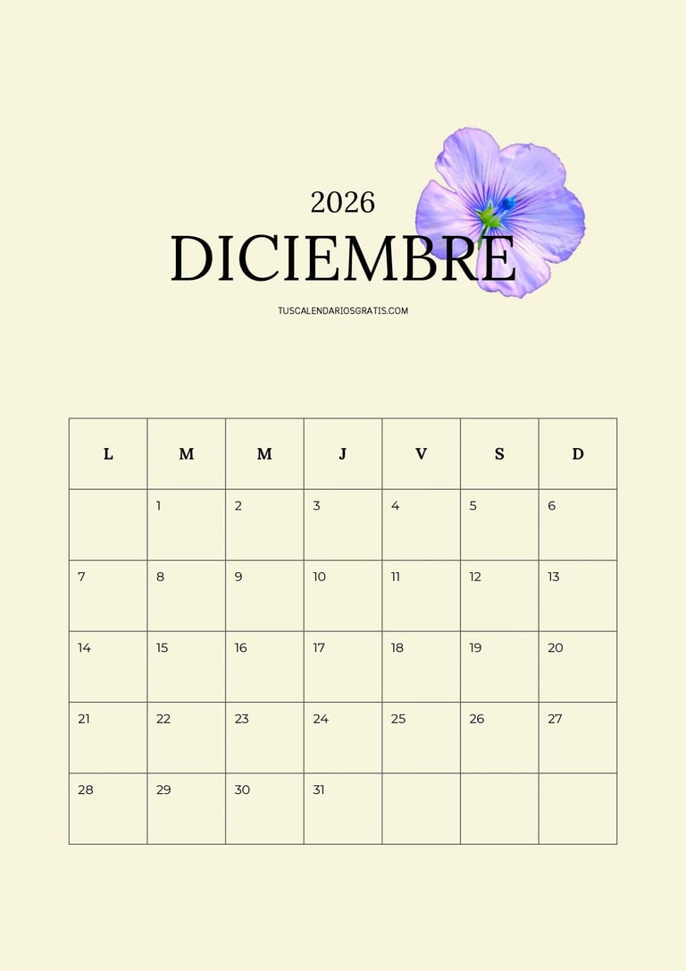 Calendario mensual mes de diciembre floral minimalista con fondo amarillo para imprimir