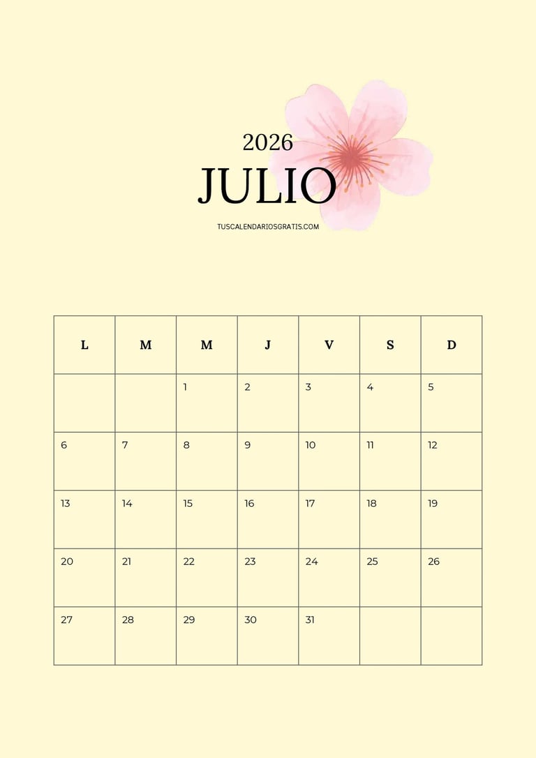 Calendario mensual mes de julio floral minimalista con fondo amarillo para imprimir