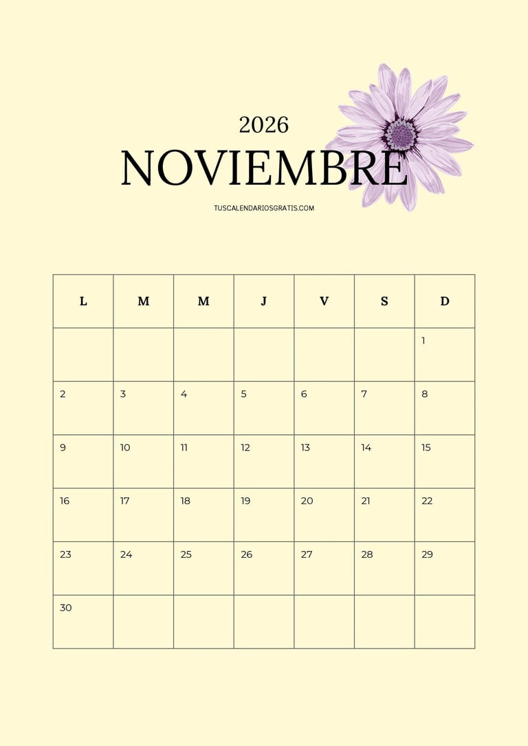Calendario mensual mes de noviembre floral minimalista con fondo amarillo para imprimir