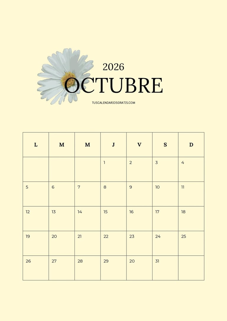 Calendario mensual mes de otubre floral minimalista con fondo amarillo para imprimir