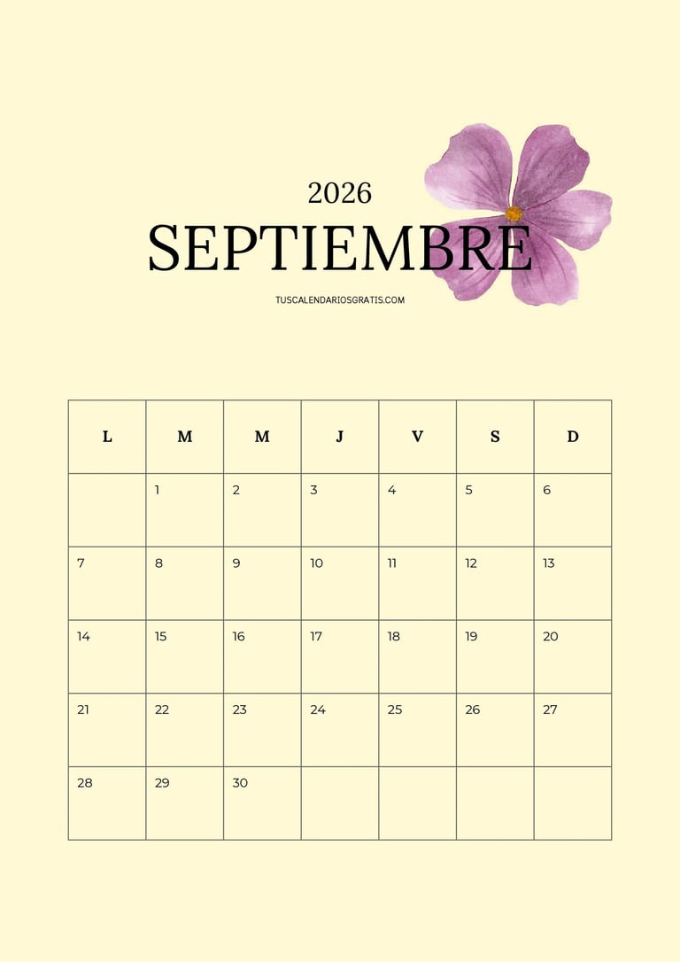 Calendario mensual mes de septiembre floral minimalista con fondo amarillo para imprimir