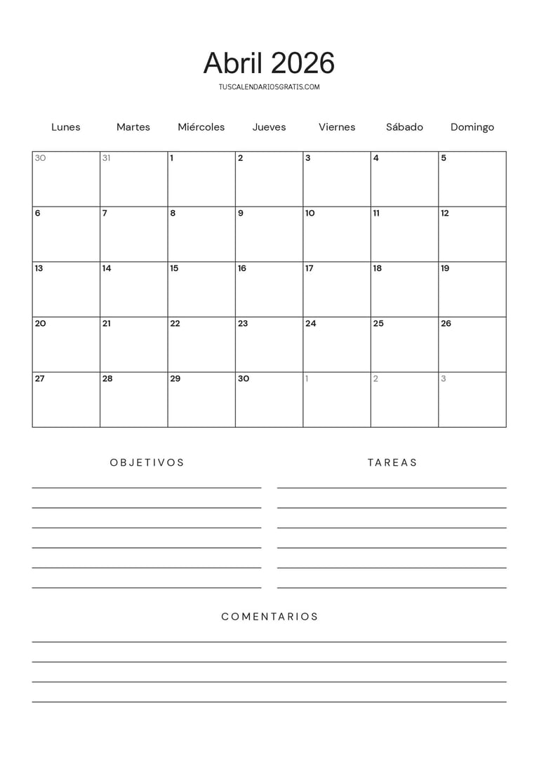Calendario abril 2026 minimalista imprimible con espacio para objetivos y lista de tareas