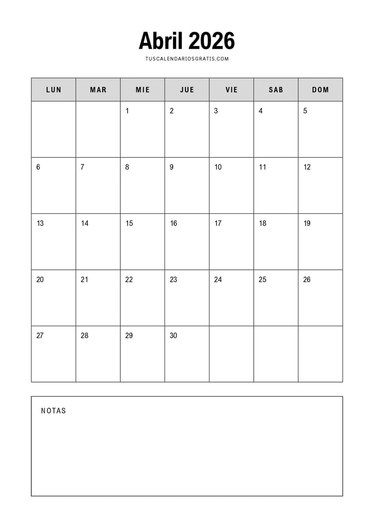 calendario abril 2026 minimalista para imprimir con espacio para notas