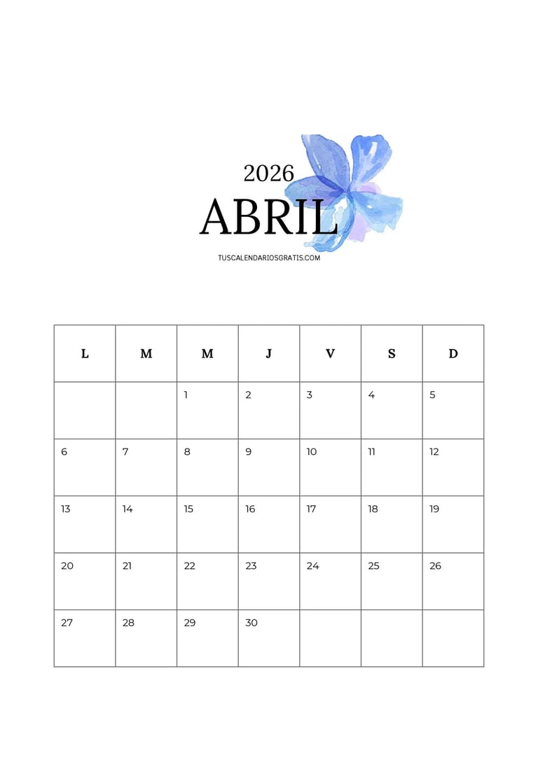 Calendario abril 2026 vertical minimalista con fondo blanco y flor acuarela azul elegante para impri