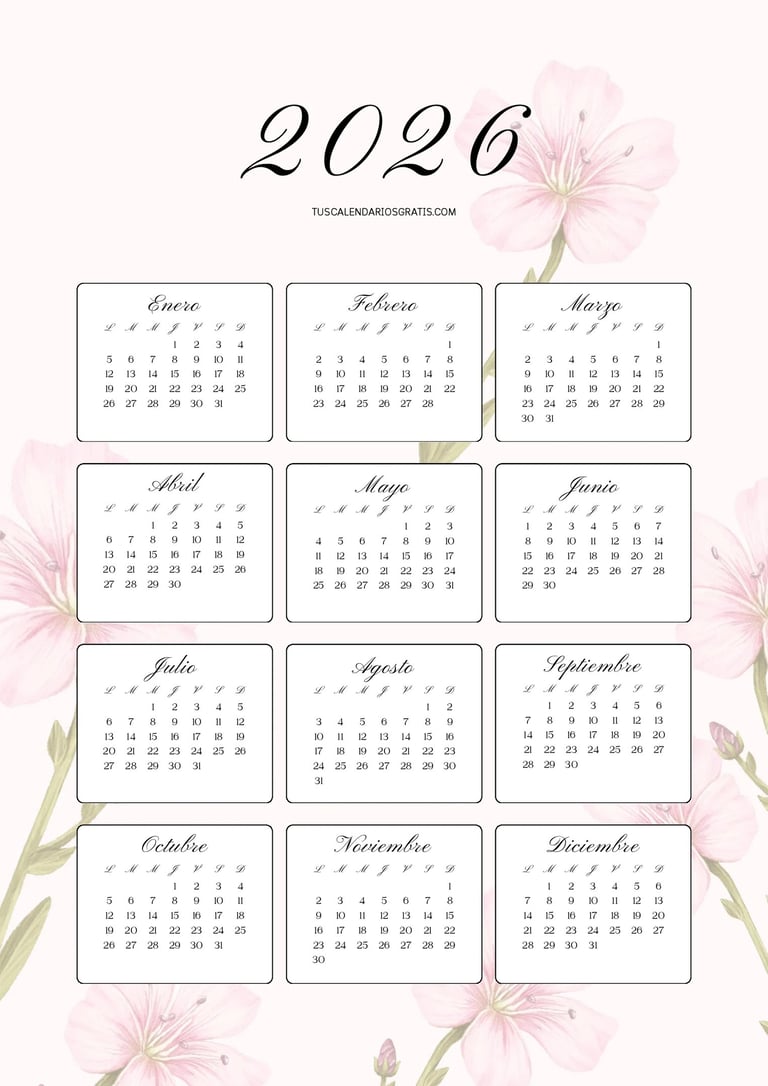 Calendario anual 2026 floral A4 vertical para imprimir almendro rosa
