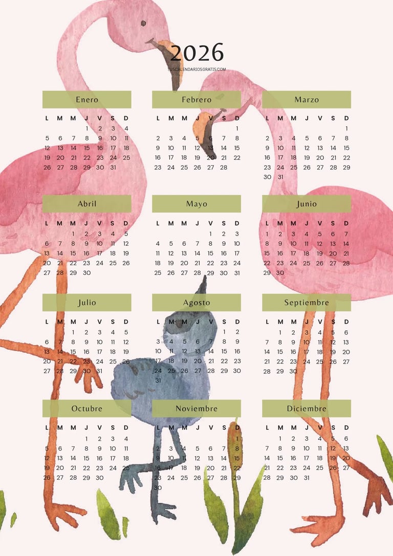 Calendario anual 2026 con familia de flamingos en acuarela diseño bonito imprimible