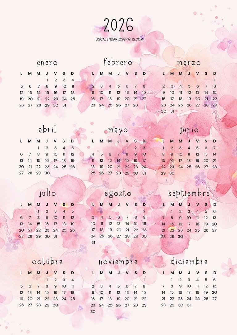 Calendario anual 2026 floral explosión de color para imprimir gratis