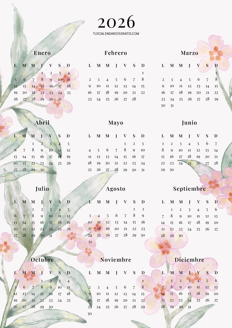 Calendario anual 2026 floral elegante para imprimir gratis con diseño de plumeria y flores decorativ