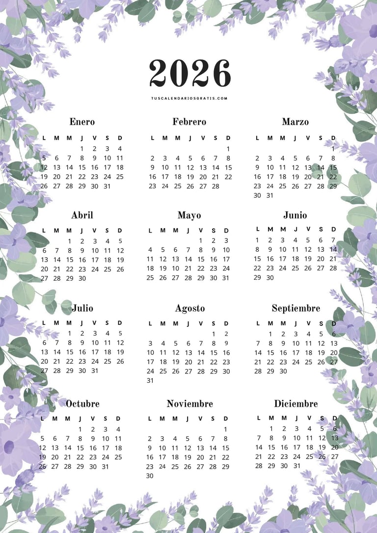 Calendario anual 2026 floral estilo primavera lila en formato PDF imprimible gratis