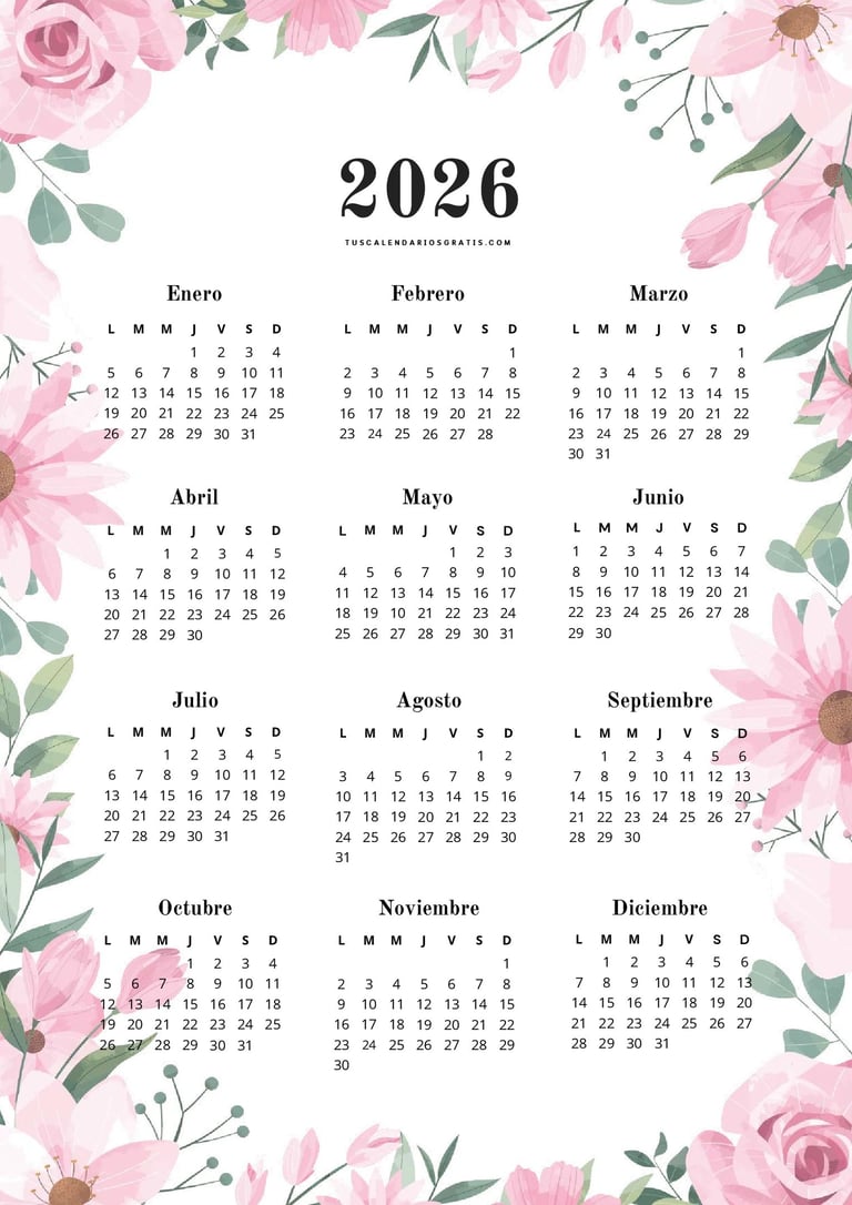 Calendario anual 2026 floral estilo primavera rosa en formato PDF imprimible gratis