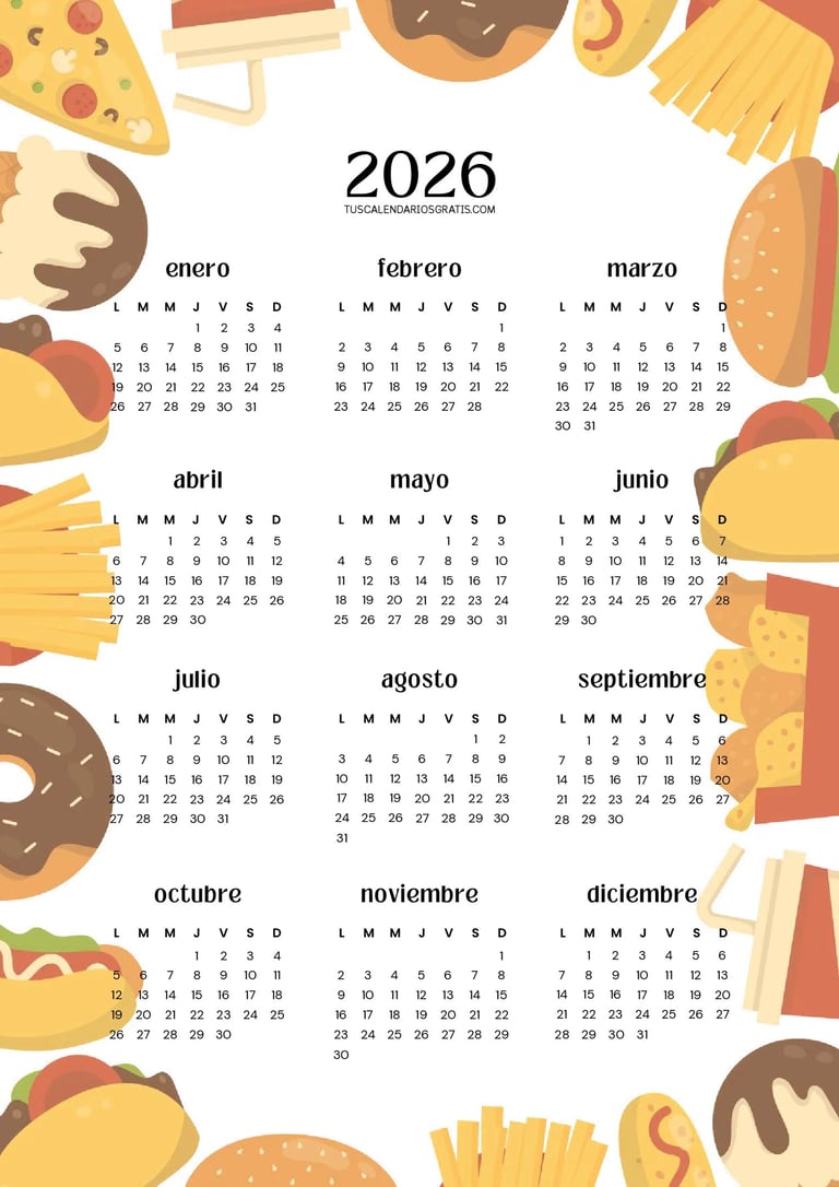 Calendario anual 2026 kawaii burger imprimible diseño divertido estilo cute