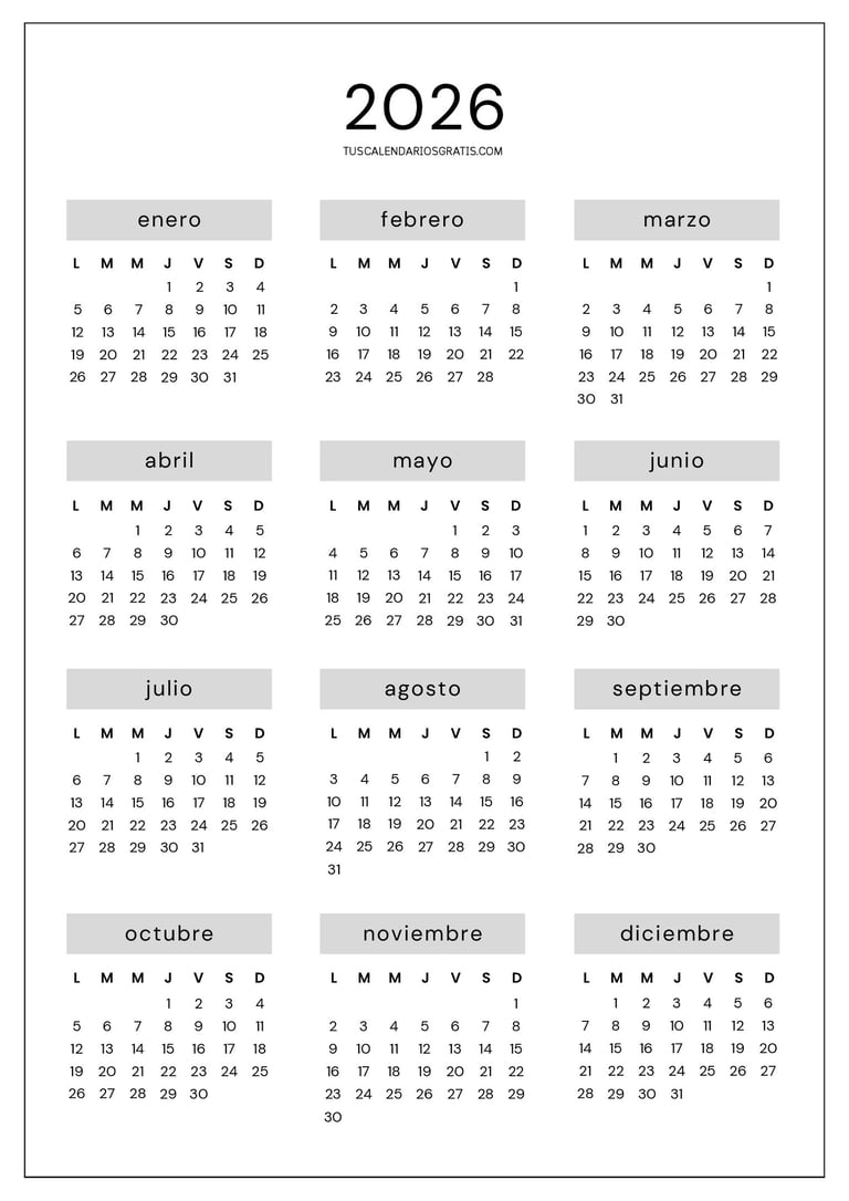 Calendario anual 2026 minimalista en color gris formato A4 imprimible