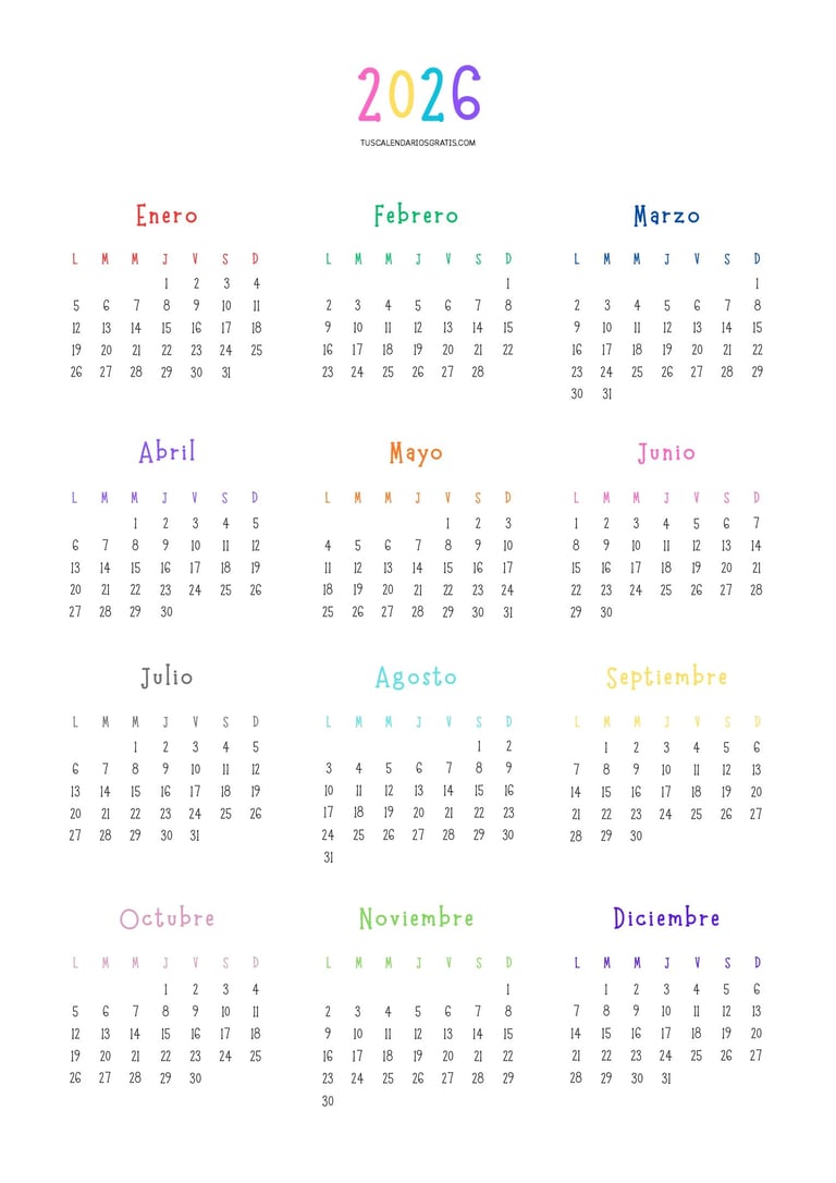 Calendario anual 2026 minimalista en color para imprimir gratis con diseño limpio y elegante para or