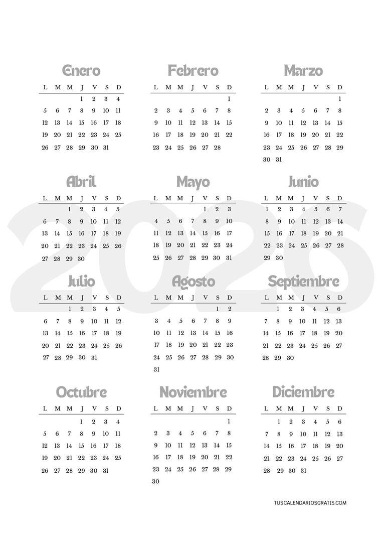 Calendario anual 2026 minimalista estilo Office en gris imprimible