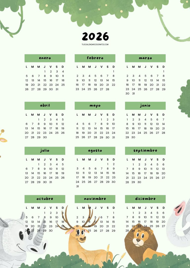 Calendario anual 2026 para niños con animales salvajes colorido imprimible
