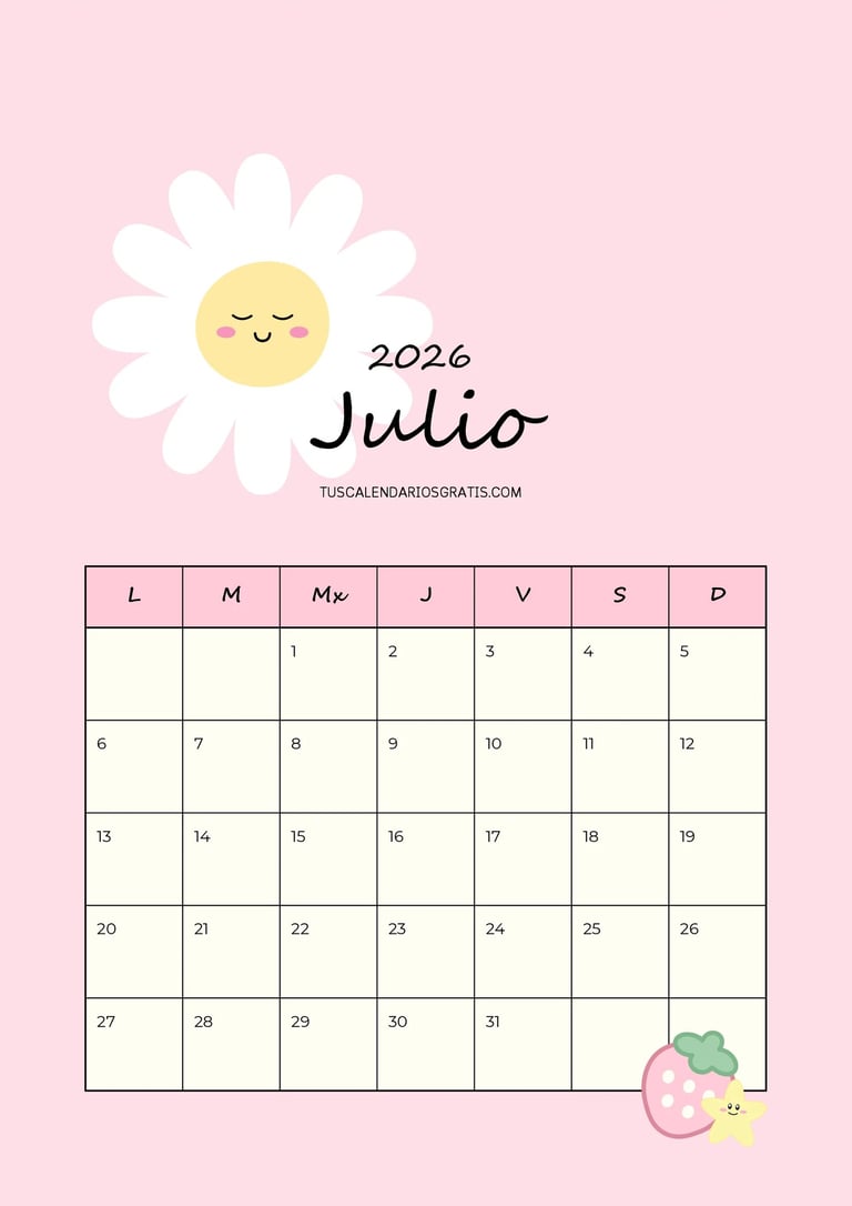 calendario julio 2026 kawaii sweet summer para imprimir gratis organización planificación mensual