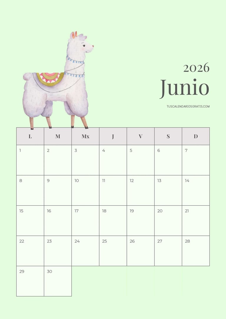 calendario junio 2026 con llama para imprimir diseño bonito organización planificación mensual grati