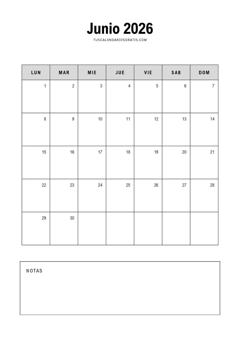 calendario junio 2026 minimalista con espacio para notas pdf