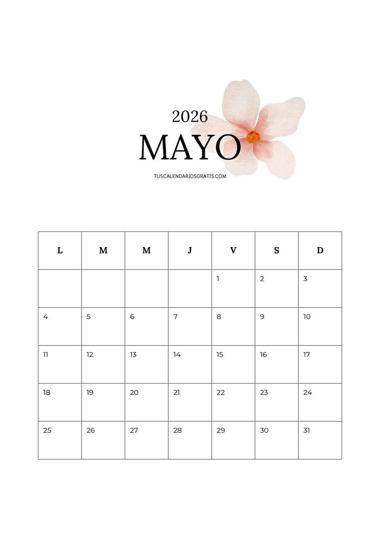 calendario mayo 2026 minimalista floral vertical fondo blanco flor rosa pastel para imprimir