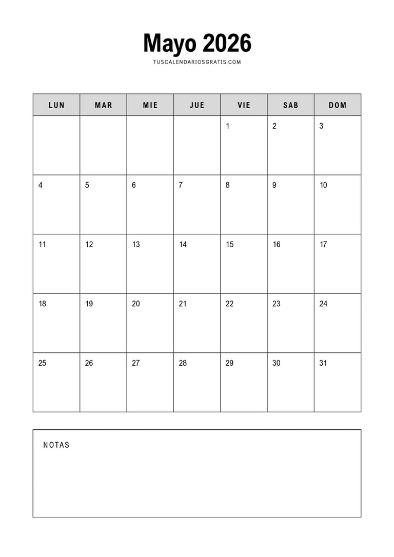 calendario Mayo 2026 minimalista para imprimir con espacio para notas